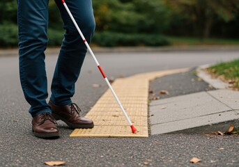 person with walking cane navigating city sidewalk with tactile paving on an autumn day