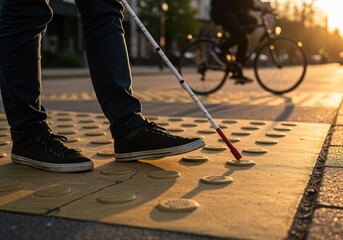 visually impaired person navigating city crosswalk with walking stick at sunrise