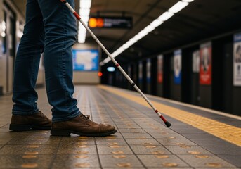 Obraz premium visually impaired person with cane waiting on subway platform for train arrival