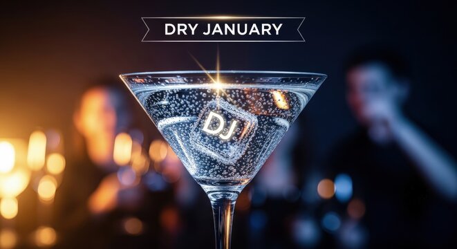 Elegant martini glass holds a sparkling non alcoholic beverage with glowing ice cubes at a vibrant night gathering, promoting January sobriety and wellness.