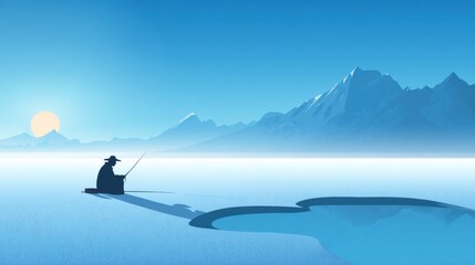 Fototapeta premium Fisherman Enjoying the Tranquility of Winter by an Ice Hole in a Bright Landscape