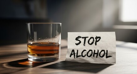 Glass of rich amber liquid rests on dark wood. A crumpled paper note states "Stop Alcohol". Represents sober choice, wellness journey, alcohol free living, and dry January commitment.