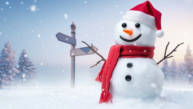 Cheerful snowman wearing a red hat and scarf standing in a snowy winter landscape with falling snowflakes