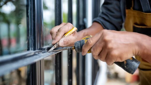Closeup medium shot of worker aligning decorative removable burglar bars on a window frame with specialized tools.