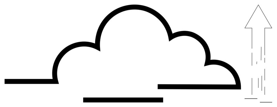 Single-line cloud shape and upward arrow indicating data upload, transfer, or networking process. Ideal for technology, cloud computing, connectivity, innovation, storage, communication and growth