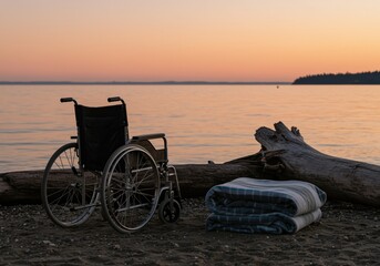 empty wheelchair by calm beach at sunset reflecting solitude and peacefulness