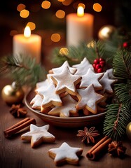 Collection of photos featuring festive German Zimtsterne cookies, star-shaped cinnamon almond treats with white glaze, rustic holiday table decor, pine branches, golden lights, and cozy Christmas