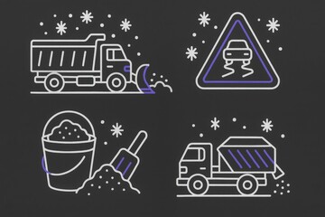 Fototapeta premium Snow clearing services featuring snow trucks and safety indicators in a stylized graphic representation enhancing winter road safety and urban maintenance strategies showcasing winter