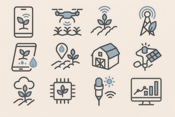 Obraz premium Innovative agricultural technology icons showcasing smart farming techniques using drone monitoring, mobile applications and data analysis to enhance crop growth and sustainability