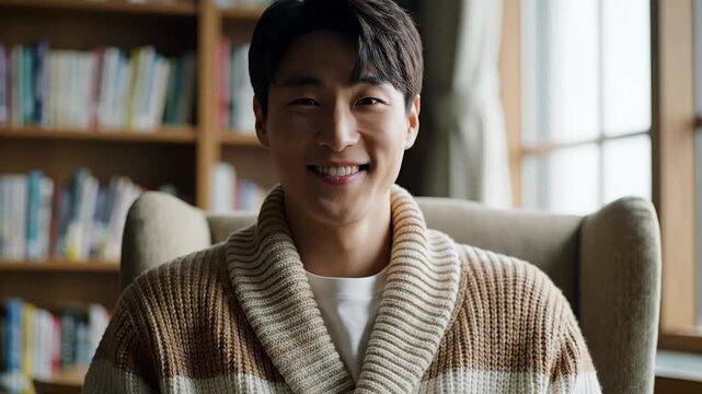 A Korean model smiles naturally promoting skincare products focusing on healthy lifestyle and beauty standards showcasing a clean and youthful complexion indoors during daytime