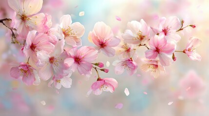 Obraz premium Delicate pink cherry blossoms adorn branches while petals gently fall in a tranquil setting.