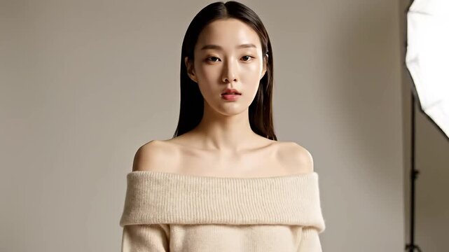 Korean model promotes skincare routine with a minimalist aesthetic highlighting natural beauty and healthy skin in a beauty product advertisement