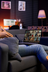 Obraz premium Smiling african american man hosting a virtual family meeting online via video conference, meeting with the relatives and sharing latest news. Guy uses web connection to chat with loved ones.