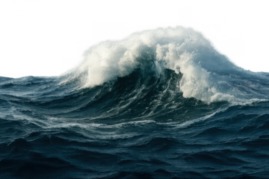 Powerful ocean wave breaking with white foam and blue water, showing sea surf, storm, and natural immense force on transparent background