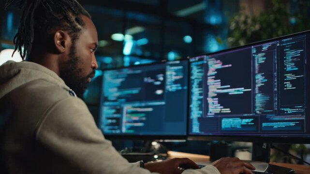 Medium shot of a developer coding an innovative NFT storage system focusing on secure data architecture for nonfungible token management.