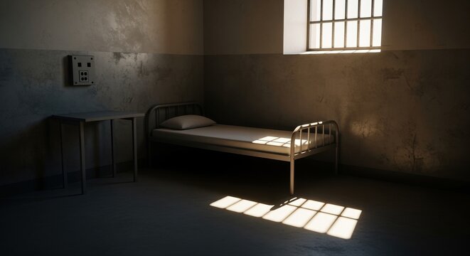 empty prison cell with metal bed and barred window casting shadows on concrete floor