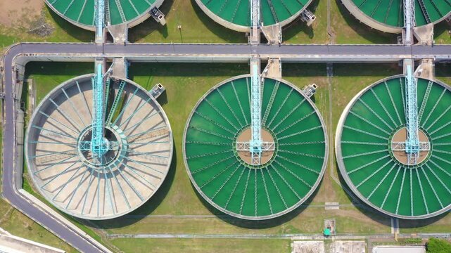 Drinking Water Treatment Technology and Distribution Plant. Aerial view of metropolitan waterworks authority. Water recycling industry.
