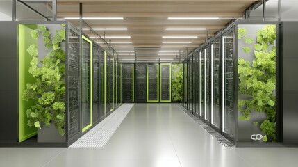 A state-of-the-art data center features rows of server racks accented with vibrant green living walls. This eco-friendly design promotes sustainability and innovation in technology spaces.