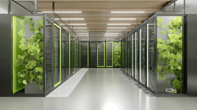 A state-of-the-art data center features rows of server racks accented with vibrant green living walls. This eco-friendly design promotes sustainability and innovation in technology spaces. - Powered by Adobe
