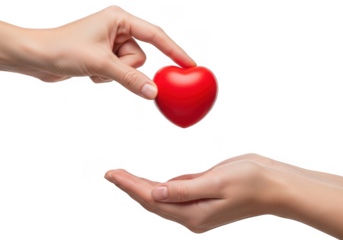 A hand gently gives a small red heart to another open hand, symbolizing love, care, and donation, isolated on transparent background