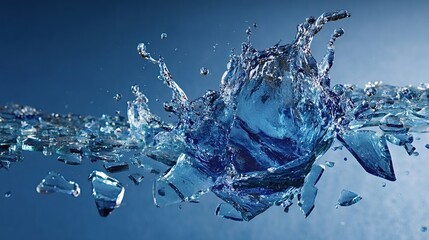 Splashing water creates a dynamic burst as shards of broken blue glass shatter across a reflective surface, illustrating concepts of impact, breakage, and force