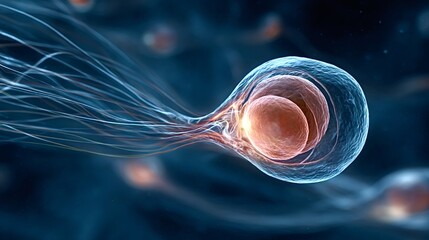 Glowing biological cell with a bright nucleus and filamentous extensions illustrating neurotransmission, cellular communication, growth and microscopic molecular networks in digital art
