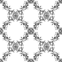 Seamless Christmas geometric pattern with garlands of holly branches. Vintage engraving or ink drawing style vector illustration.