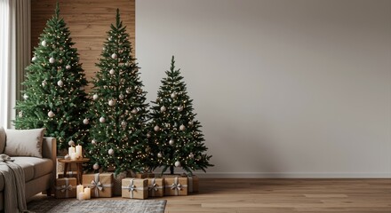 cozy living room decorated with christmas trees, gifts, and candles, holiday ambience