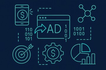 Innovative digital advertising strategies represented through minimalistic graphical elements highlighting data analytics mobile interface and financial metrics driving online marketing success