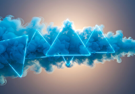 Abstract Composition of Glowing Triangles and Blue Smoke.