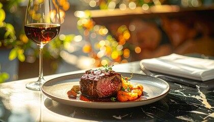 黒いマーブルテーブルの上に、美しく盛り付けられたローストビーフが黄金の光を受けて輝く。上質な照明と深みのある色合いがシネマティックな高級感を演出。