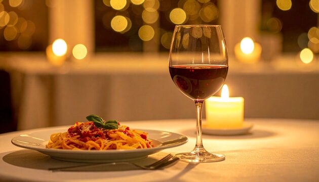 赤ワイングラスの横に一皿のパスタが置かれ、黄金色のキャンドルライトが柔らかく反射する。深い夜のトーンと上品な光が、静かな時間と贅沢な雰囲気を演出。