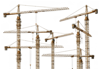 Multiple yellow tower construction cranes are arranged in a dynamic composition against a stark transparent background, symbolizing industry and development