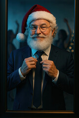 Santa Claus fixing tie in mirror before holiday party