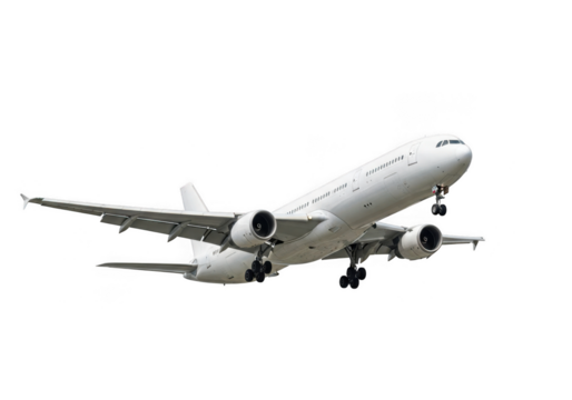 A modern white passenger airplane in flight, isolated on a transparent background