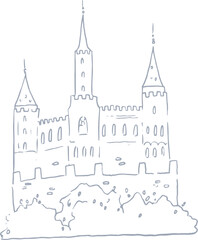 Fototapeta premium Whimsical castle core line art silver illustration of fantasy castle. Vector medieval hand drawn doodle.