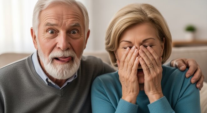 joyful elderly couple making playful faces indoors, expressing happiness and companionship