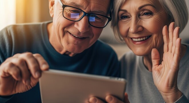 smiling senior couple using digital tablet for video call at home during sunset - Powered by Adobe