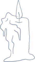 Whimsical castle core line art silver illustration of burning candle with dripping wax. Vector medieval hand drawn doodle.