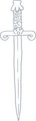 Whimsical castle core line art silver illustration of medieval sword. Vector medieval hand drawn doodle.