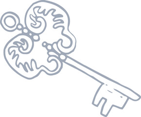 Whimsical castle core line art silver illustration of ornate antique key. Vector medieval hand drawn doodle.