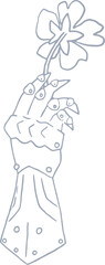Whimsical castle core line art silver illustration of knight armor gauntlet glove holding tender flower. Vector medieval hand drawn doodle.