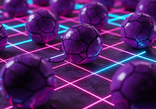 Futuristic Purple Soccer Balls on Neon Grid A Modern Sports Aesthetic.