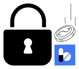 Lock symbolizes security, alongside pill capsules and coin representing healthcare and finances. Ideal for concepts thumbs up protection, trust, insurance, health, finance, access, simple flat © robu_s
