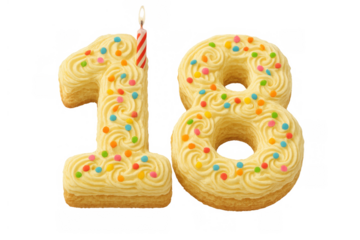 Number 18 cookie cake with frosting, colorful sprinkles, and a lit candle marking an important celebration