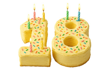 Birthday celebration cake in shape of number 18 with colorful sprinkles and burning candles, marking a significant anniversary