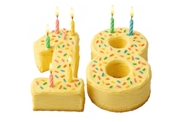 Birthday celebration cake in shape of number 18 with colorful sprinkles and burning candles, marking a significant anniversary