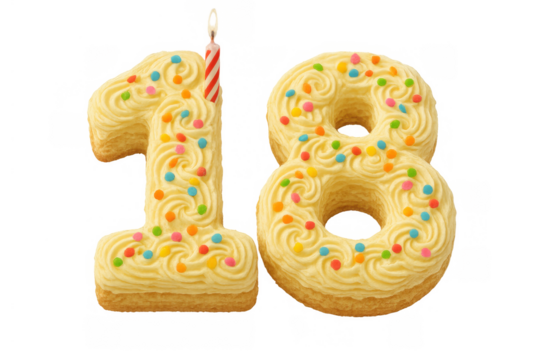 Number 18 cookie cake with frosting, colorful sprinkles, and a lit candle marking an important celebration