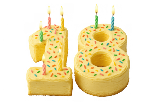 Birthday celebration cake in shape of number 18 with colorful sprinkles and burning candles, marking a significant anniversary