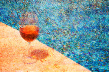 Glass of wine casting shadow by poolside in artistic texture.